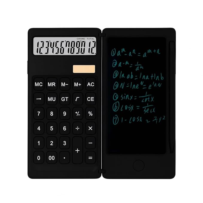 Foldable Scientific Calculator with LCD Writing Tablet & Stylus 12-Digit Dual-Powered Solar & Battery Desktop Calculator for Office,Student