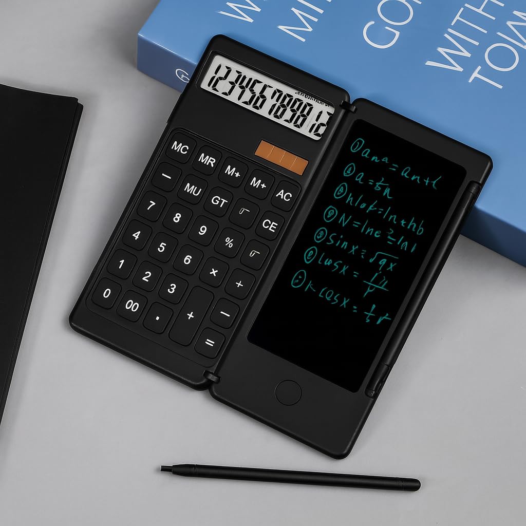 Foldable Scientific Calculator with LCD Writing Tablet & Stylus 12-Digit Dual-Powered Solar & Battery Desktop Calculator for Office,Student