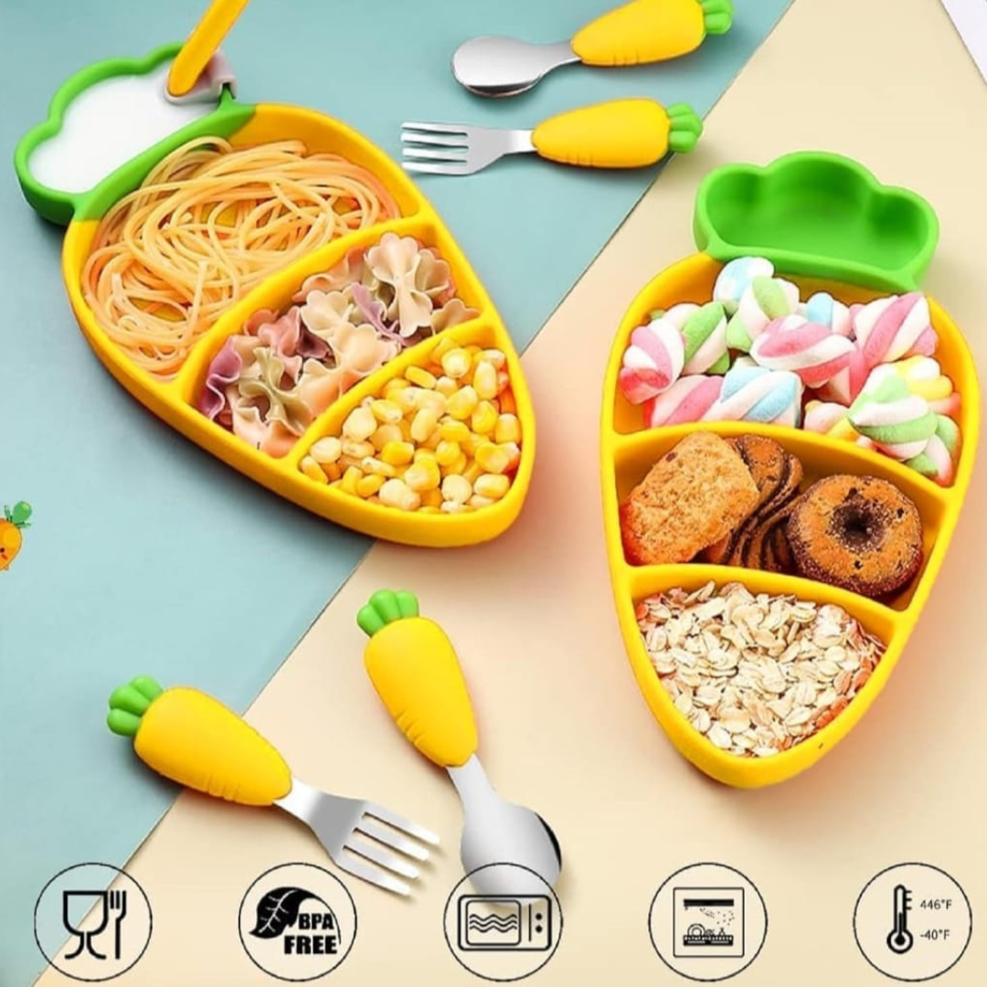 Cartoon Silicone Baby Feeding Set β Anti-Drop Carrot Bowl with Spoon & Plate