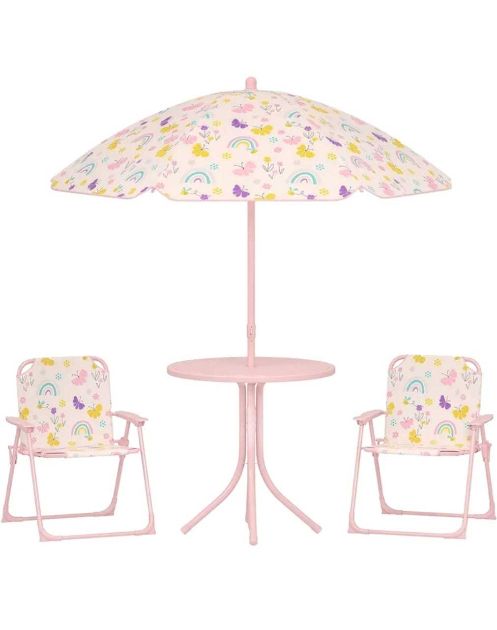 Kids Picnic Table with Umbrella, Outdoor Table & 2 Folding Chairs, Cute Pattern Children's Patio Furniture, Portable kids Table and chair Set for Backyard
