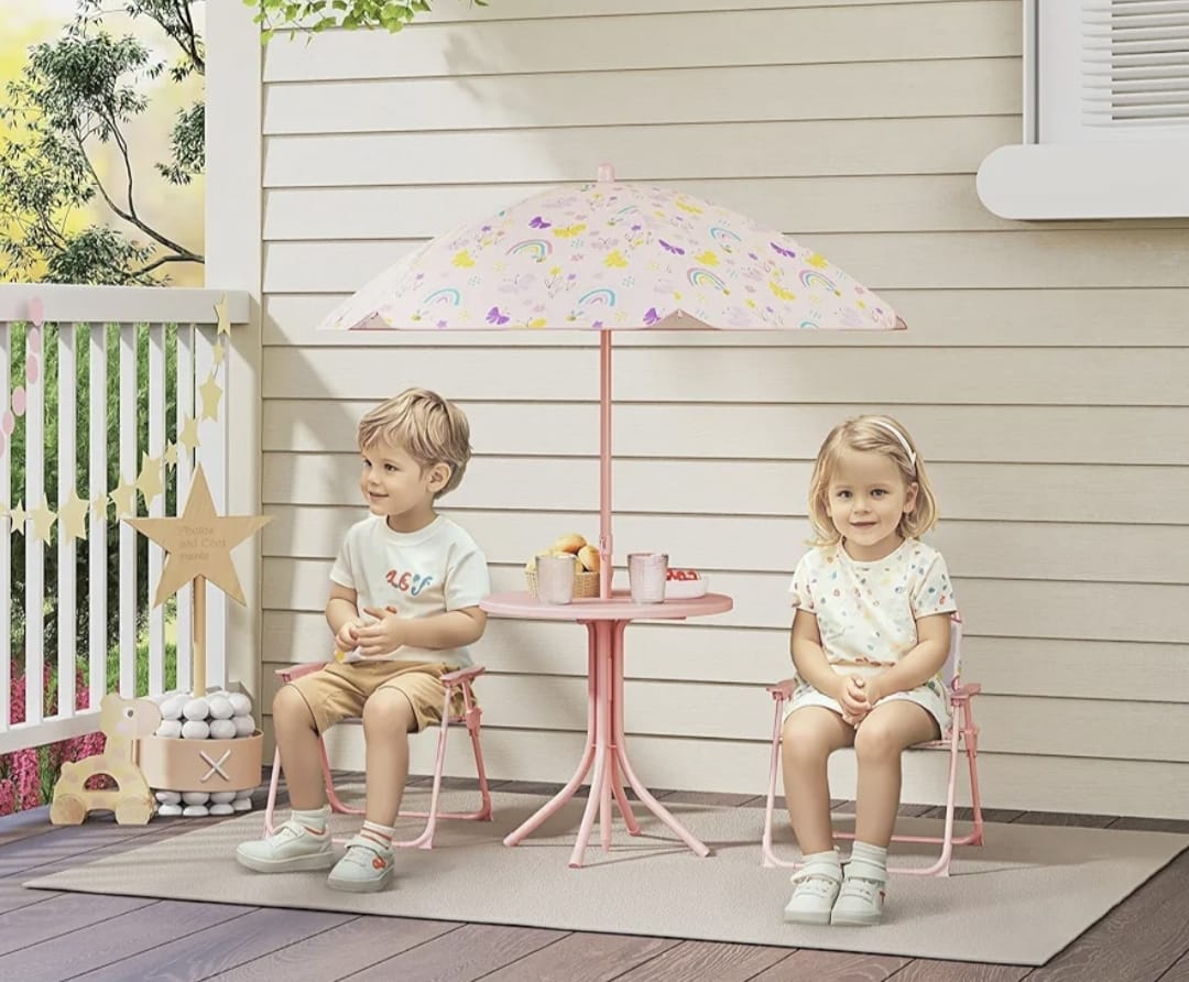 Kids Picnic Table with Umbrella, Outdoor Table & 2 Folding Chairs, Cute Pattern Children's Patio Furniture, Portable kids Table and chair Set for Backyard