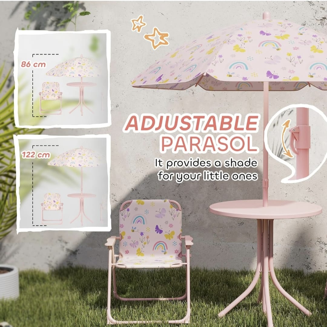 Kids Picnic Table with Umbrella, Outdoor Table & 2 Folding Chairs, Cute Pattern Children's Patio Furniture, Portable kids Table and chair Set for Backyard