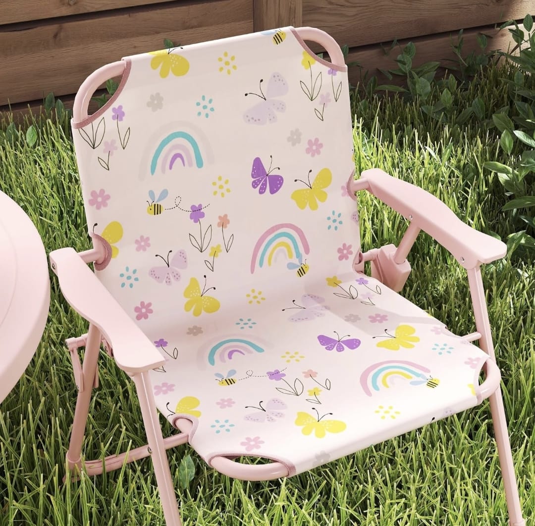 Kids Picnic Table with Umbrella, Outdoor Table & 2 Folding Chairs, Cute Pattern Children's Patio Furniture, Portable kids Table and chair Set for Backyard