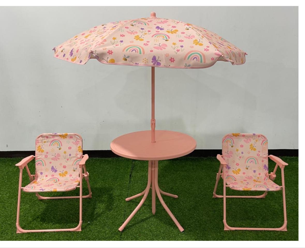 Kids Picnic Table with Umbrella, Outdoor Table & 2 Folding Chairs, Cute Pattern Children's Patio Furniture, Portable kids Table and chair Set for Backyard