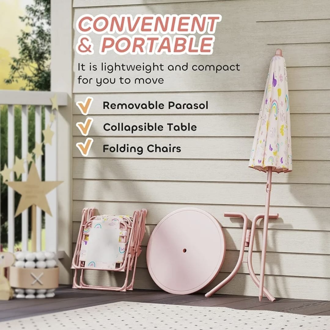 Kids Picnic Table with Umbrella, Outdoor Table & 2 Folding Chairs, Cute Pattern Children's Patio Furniture, Portable kids Table and chair Set for Backyard