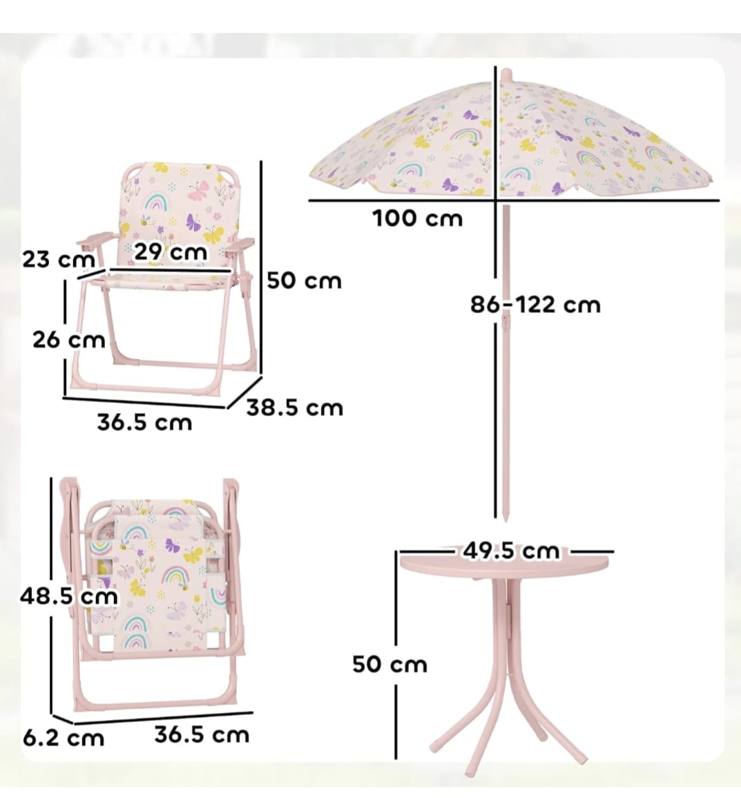 Kids Picnic Table with Umbrella, Outdoor Table & 2 Folding Chairs, Cute Pattern Children's Patio Furniture, Portable kids Table and chair Set for Backyard