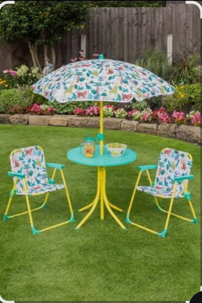 Kids Picnic Table with Umbrella, Outdoor Table & 2 Folding Chairs, Cute Pattern Children's Patio Furniture, Portable kids Table and chair Set for Backyard