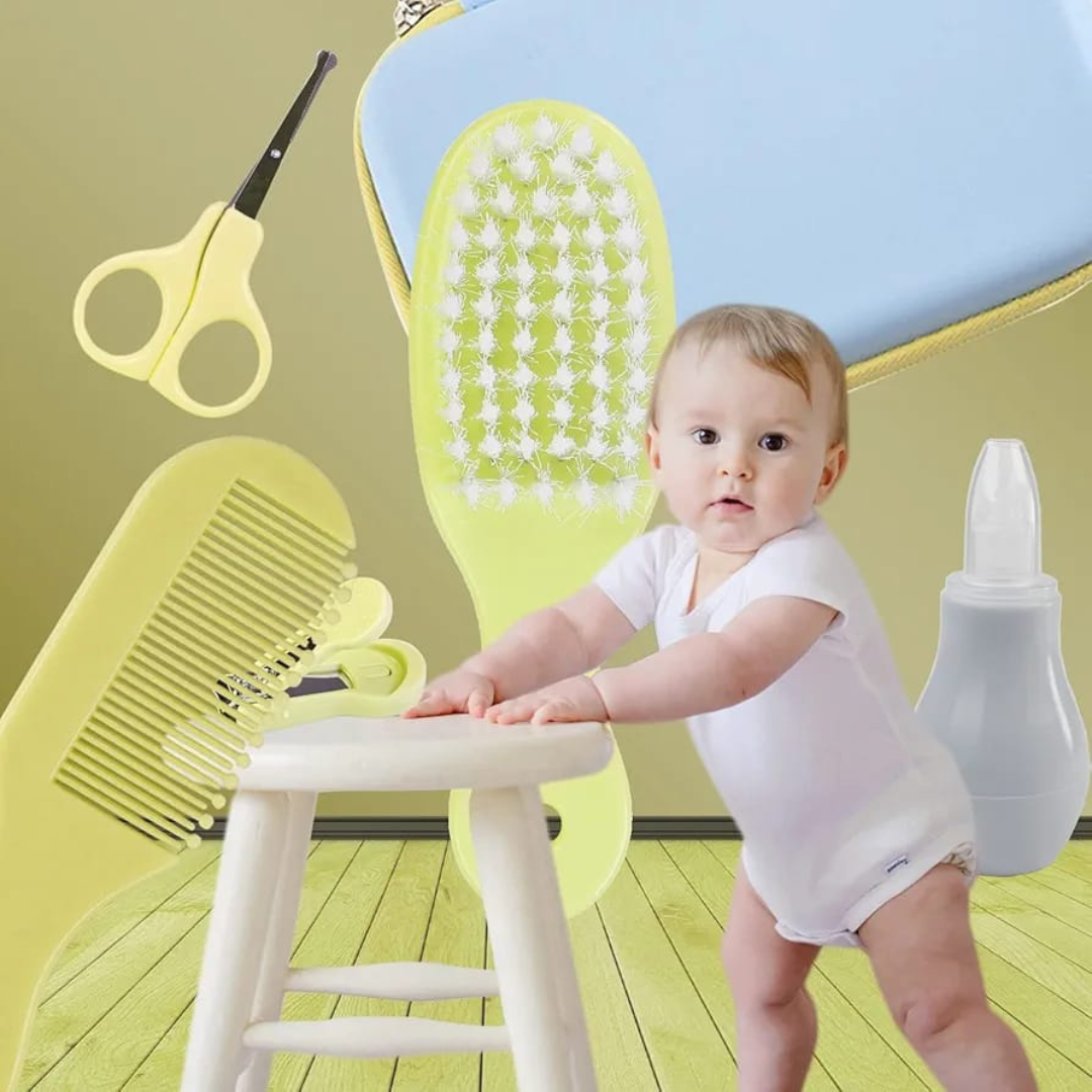 9 in 1 Baby Grooming Kit for Delicate Baby Scalp and Tiny Nails |Travel Friendly Zip case | Infant Nail Clipper |New Born Nasal Aspirator| Combs| Thermometer | Brush