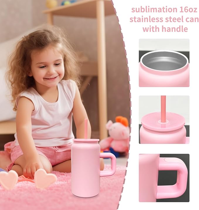 Tumbler with Handle and Straw for Kids, Stainless Steel Sublimation Tumblers Bulk with Lids, Vacuum Insulated