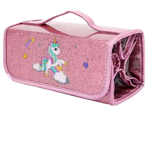 Kids Hanging Glitter Travel Organizer – Pink Foldable Storage Bag with Zipper Pockets