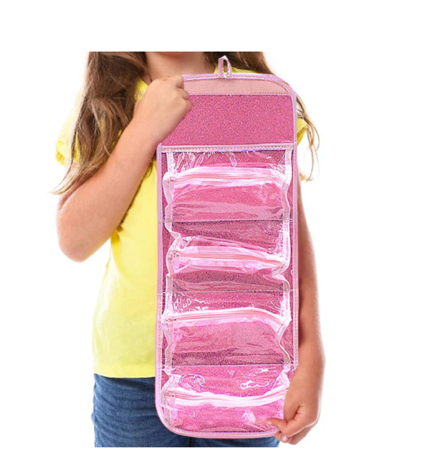 Kids Hanging Glitter Travel Organizer – Pink Foldable Storage Bag with Zipper Pockets