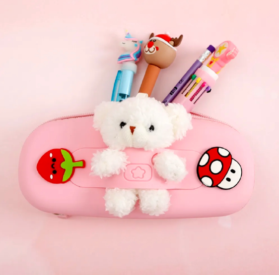 Pink Teddy Bear Pencil Pouch – Spacious & Stylish School Supplies Case