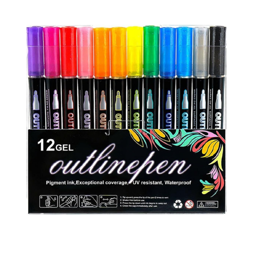 12-Color Gel Outline Pens – Double Line Metallic Markers for Art & Crafts