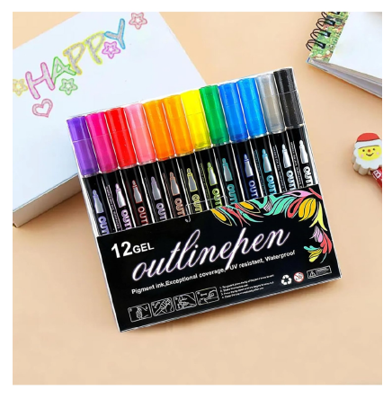 12-Color Gel Outline Pens – Double Line Metallic Markers for Art & Crafts