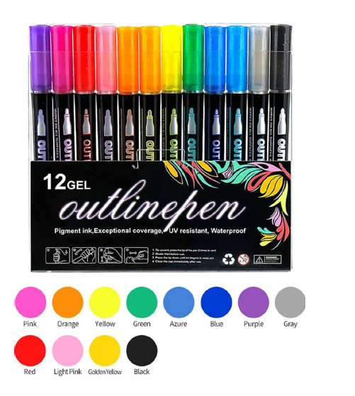 12-Color Gel Outline Pens – Double Line Metallic Markers for Art & Crafts