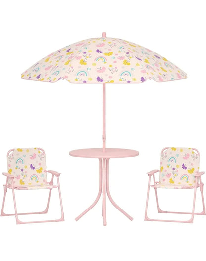 Kids Picnic Table with Umbrella, Outdoor Table & 2 Folding Chairs, Cute Pattern Children's Patio Furniture, Portable kids Table and chair Set for Backyard
