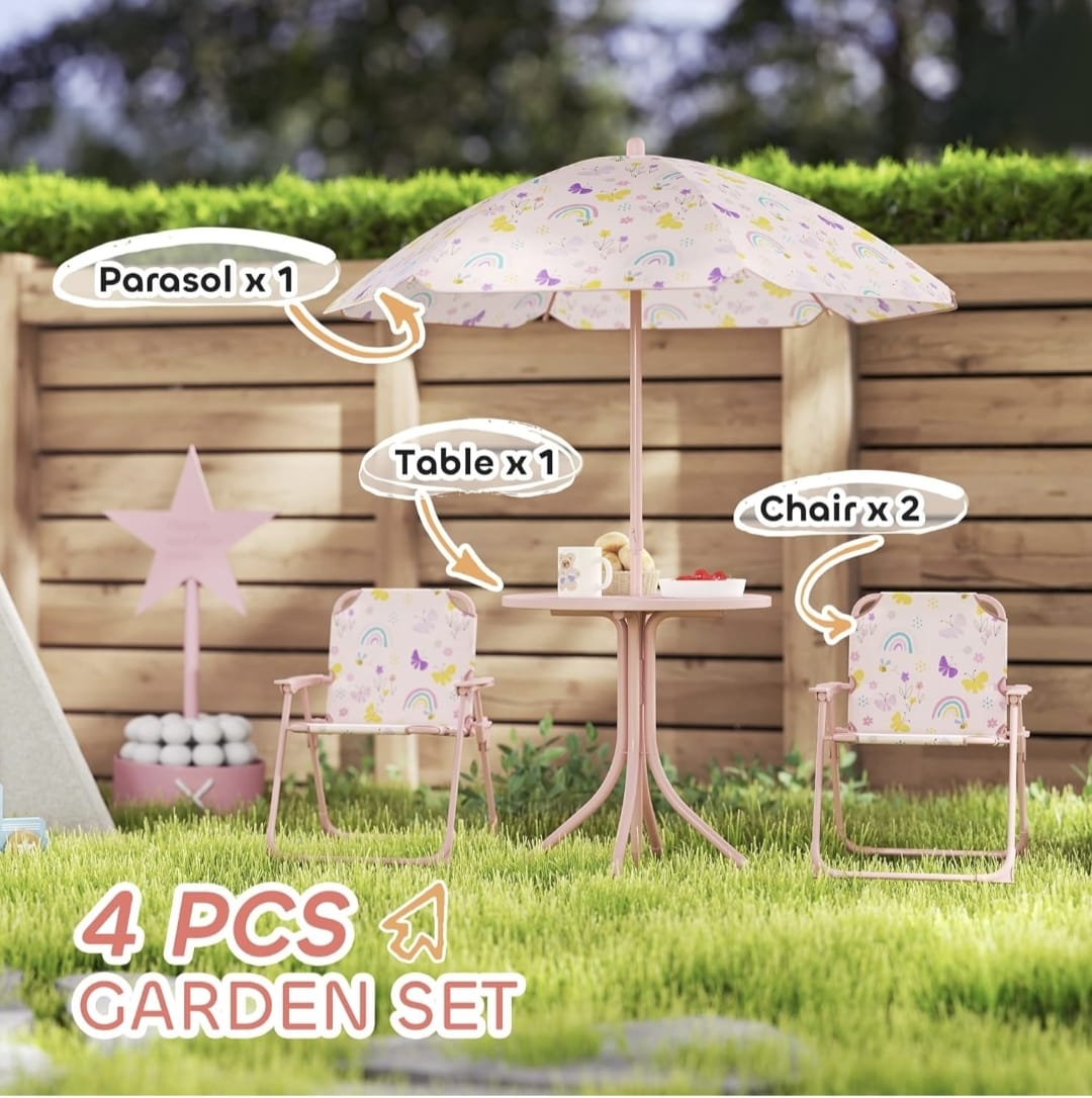 Kids Picnic Table with Umbrella, Outdoor Table & 2 Folding Chairs, Cute Pattern Children's Patio Furniture, Portable kids Table and chair Set for Backyard