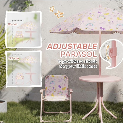 Kids Picnic Table with Umbrella, Outdoor Table & 2 Folding Chairs, Cute Pattern Children's Patio Furniture, Portable kids Table and chair Set for Backyard