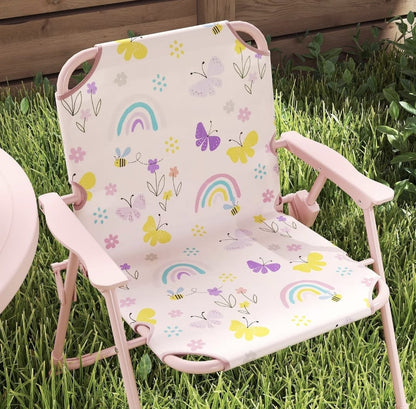 Kids Picnic Table with Umbrella, Outdoor Table & 2 Folding Chairs, Cute Pattern Children's Patio Furniture, Portable kids Table and chair Set for Backyard