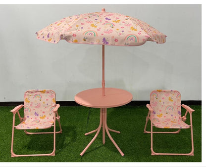 Kids Picnic Table with Umbrella, Outdoor Table & 2 Folding Chairs, Cute Pattern Children's Patio Furniture, Portable kids Table and chair Set for Backyard