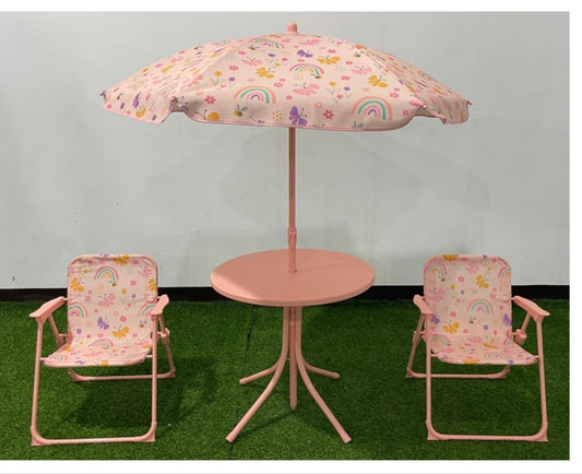 Kids Picnic Table with Umbrella, Outdoor Table & 2 Folding Chairs, Cute Pattern Children's Patio Furniture, Portable kids Table and chair Set for Backyard