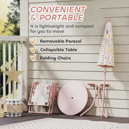 Kids Picnic Table with Umbrella, Outdoor Table & 2 Folding Chairs, Cute Pattern Children's Patio Furniture, Portable kids Table and chair Set for Backyard